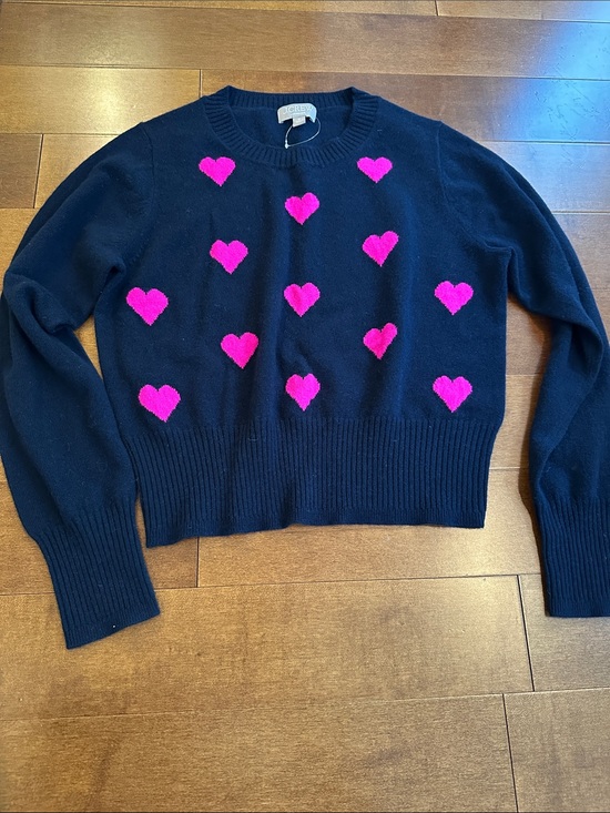J. Crew Sweaters - J. Crew Navy Crewneck Sweater with Bright Pink Heart Pattern